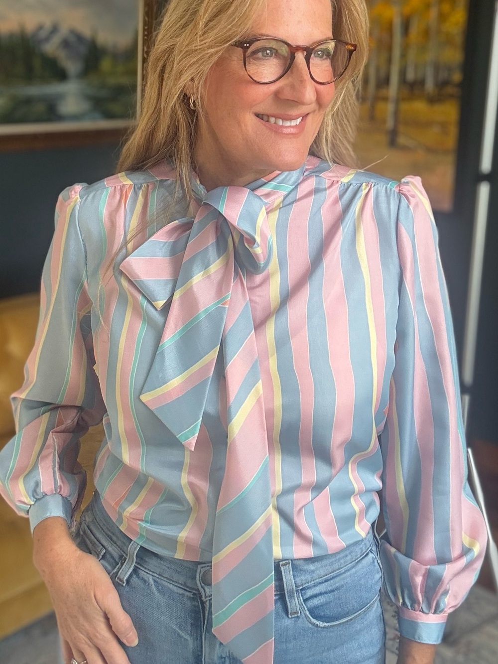 VINTAGE 1970’s Pierre Lamonte of California Pastel Striped Neck Bow Blouse